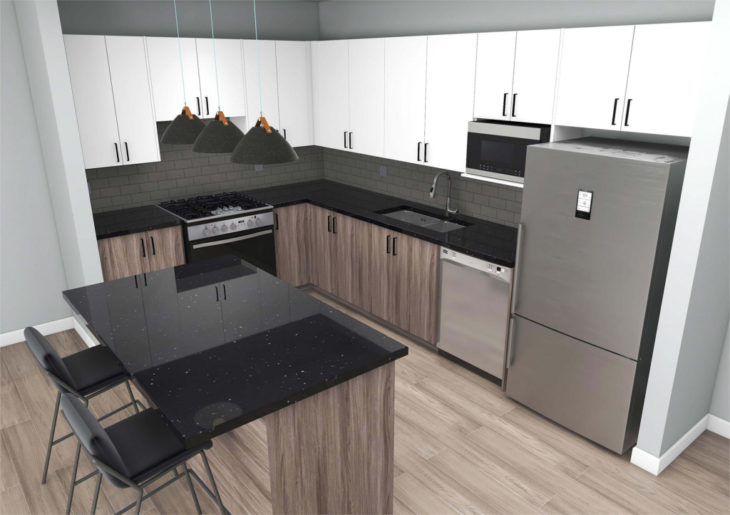 Interior full kitchen view of a unit within The View, a brand new 2024 luxury apartment for rent by Rent In Yellowknife