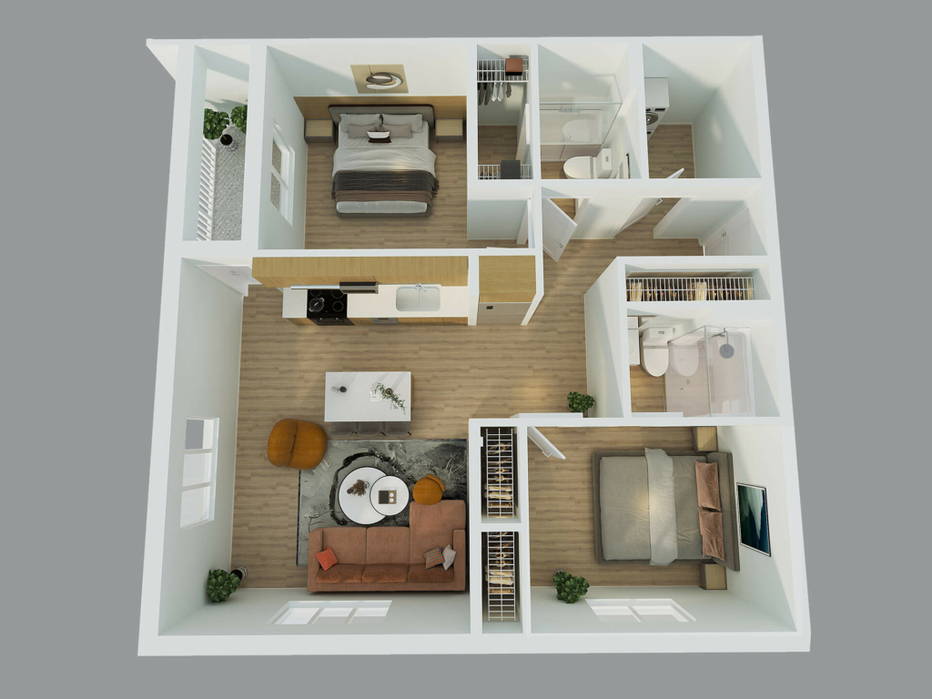 A top down 3D Floor Plan of Unit-C within Nova Pine Hills, our brand new luxury apartment for rent in Yellowknife