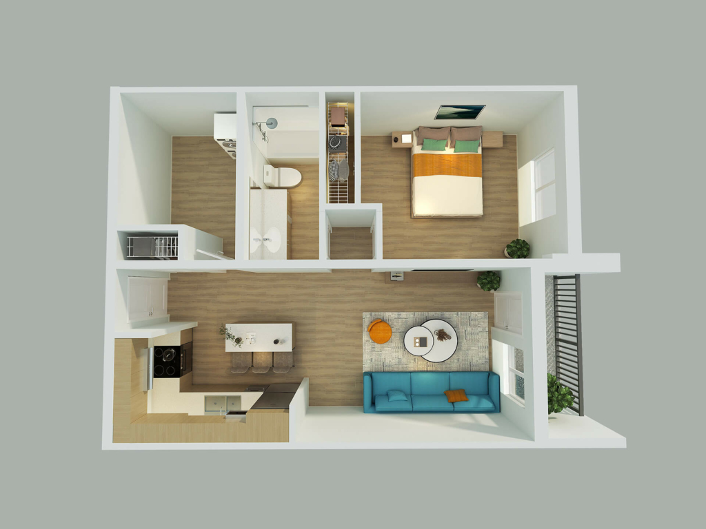 Top down 3D Floorplan of a unit within Nova Niven, a brand new luxury apartment for rent by Rent In Yellowknife